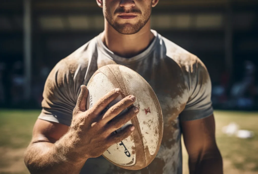 The image shows a rugby player holding the ball.