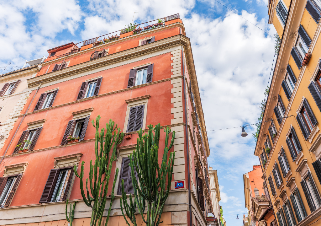 l'immagine rappresenta un angolo di piazza degli Zingari, con 2 palazzi rosa e salmone e un cactus molto alto su una delle pareti.