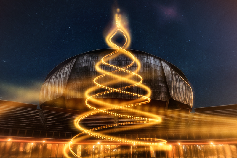 l'immagine rappresenta un albero di Natale fatto di luce con dietro la sagoma dell'Auditorium